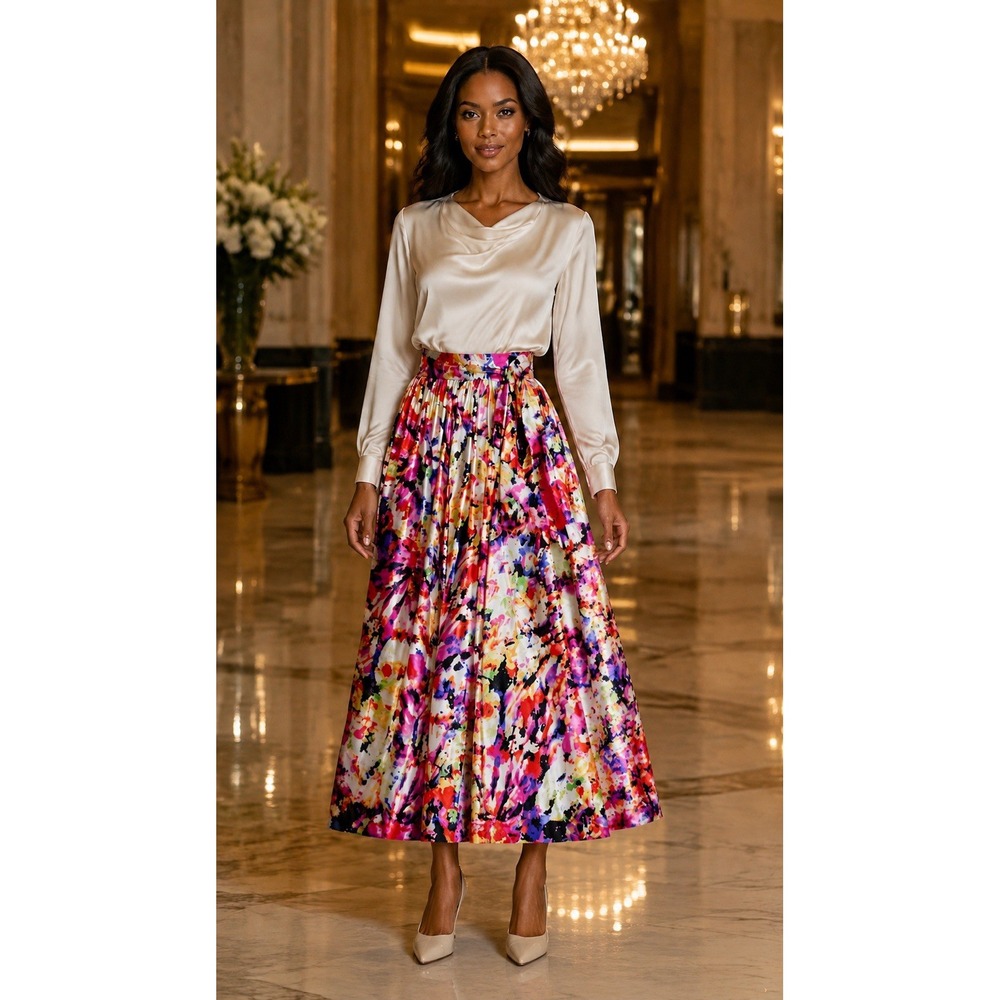 HER Destiny Floral Watercolor Maxi Skirt Women Small A-Line Satin Finish Sash